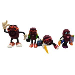 4 Vintage California Raisin Plastic Toy Figurines Lot 1980s Calrab Bowler Surfer